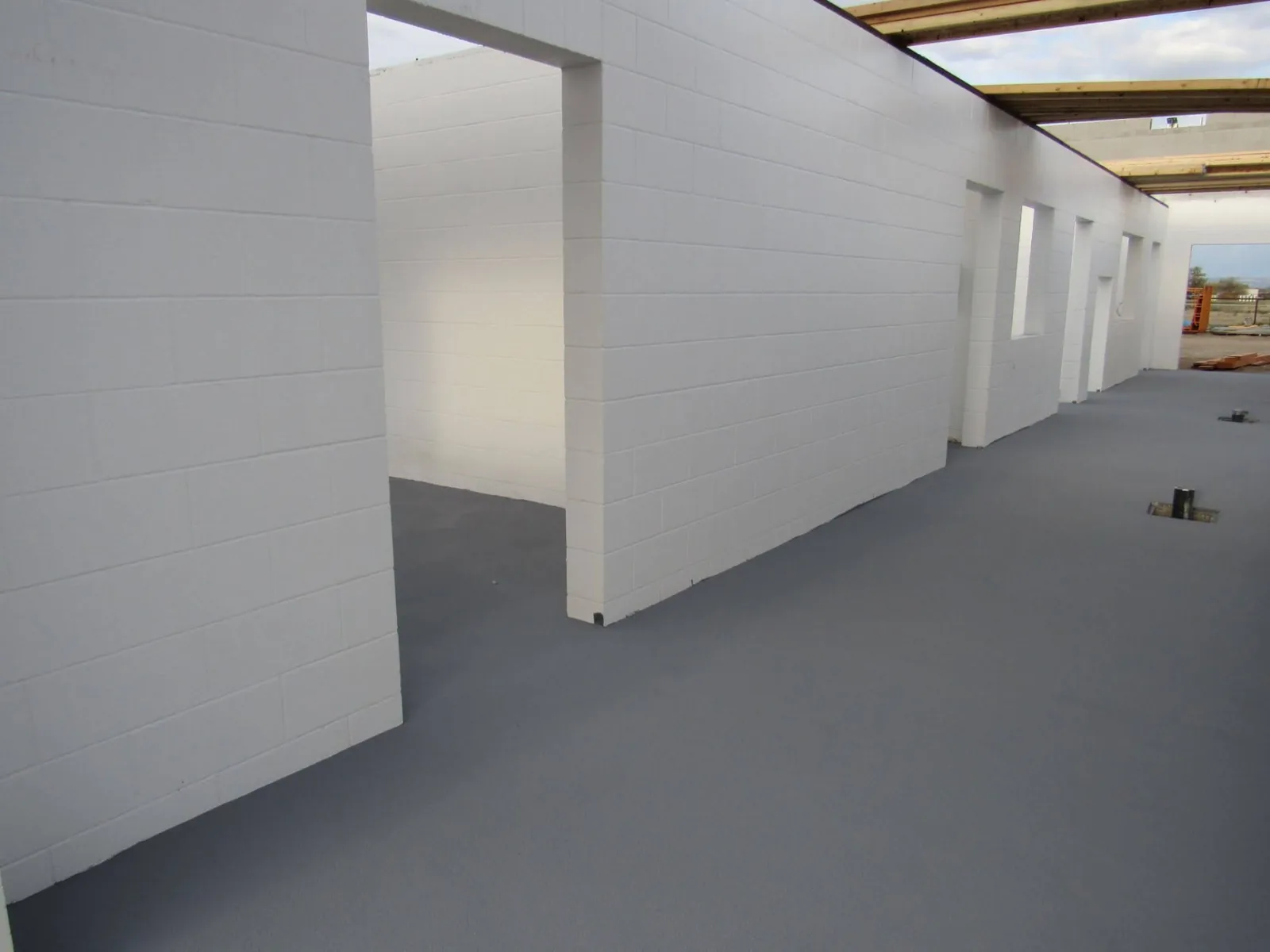 Smooth gray dairy facility floor beside clean white coated concrete block walls